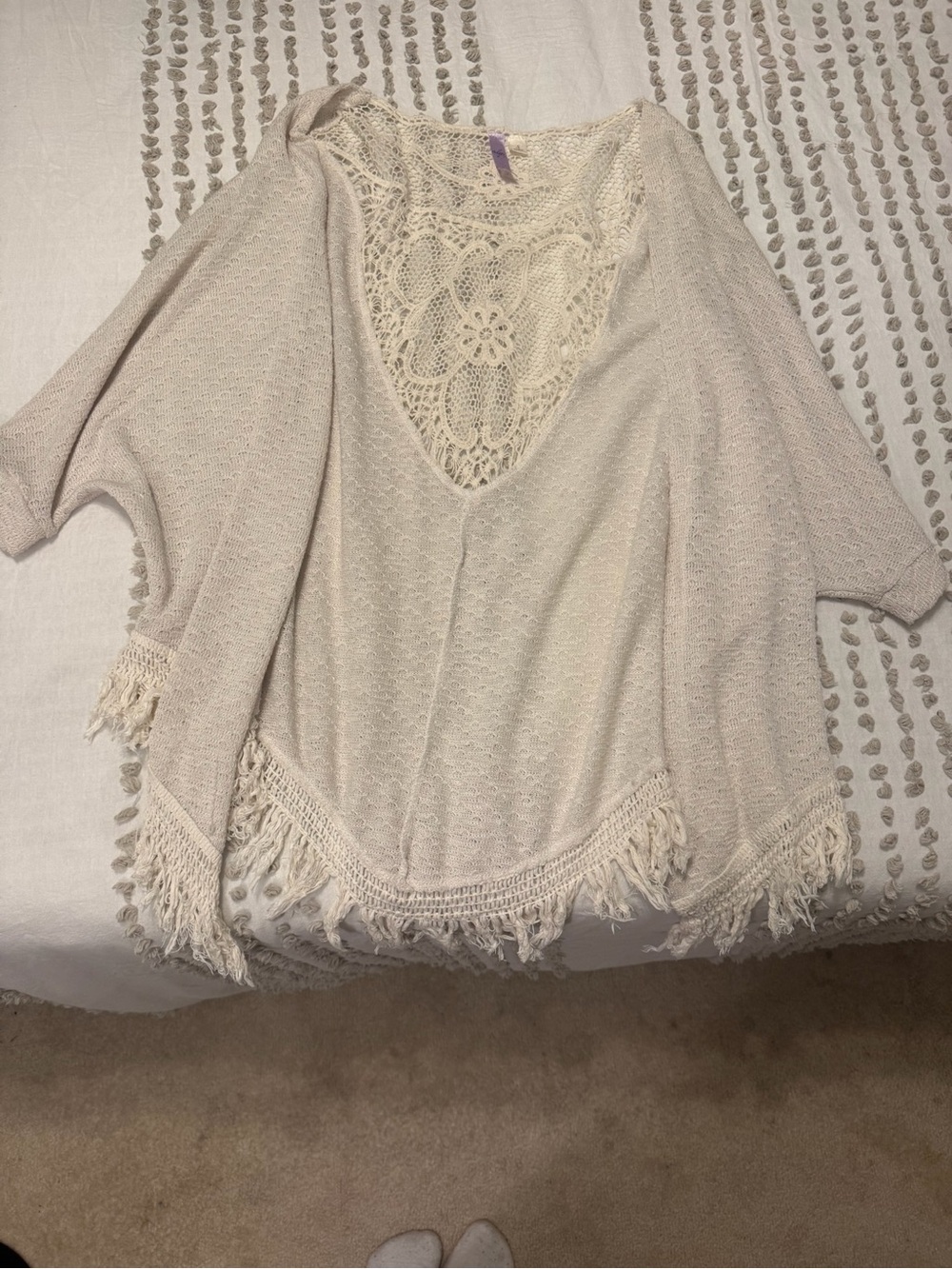 Alya Crochet-Back Fringe Poncho Sweater - Cream